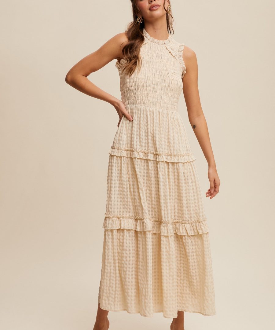 Bohemian Ruffled High-neck Smocked Maxi Dress