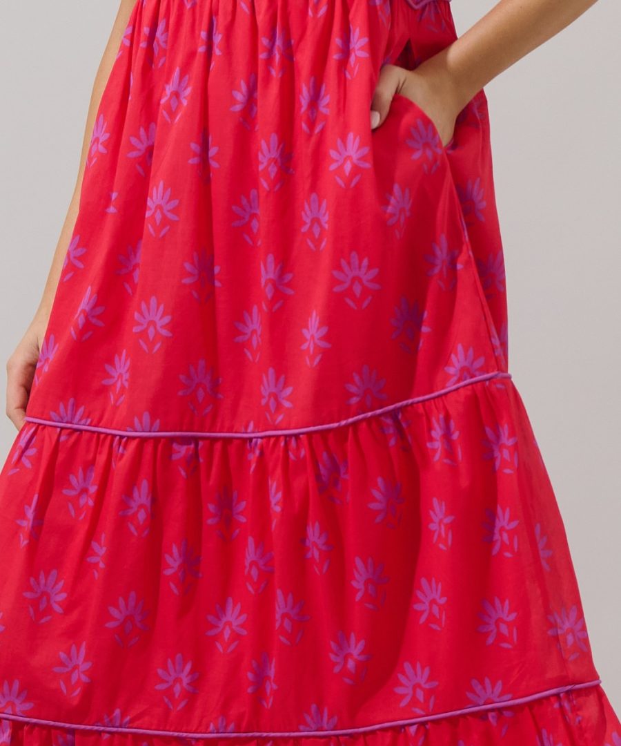 Tiered Purple Floral V-neck Puffed-sleeve Maxi Dress