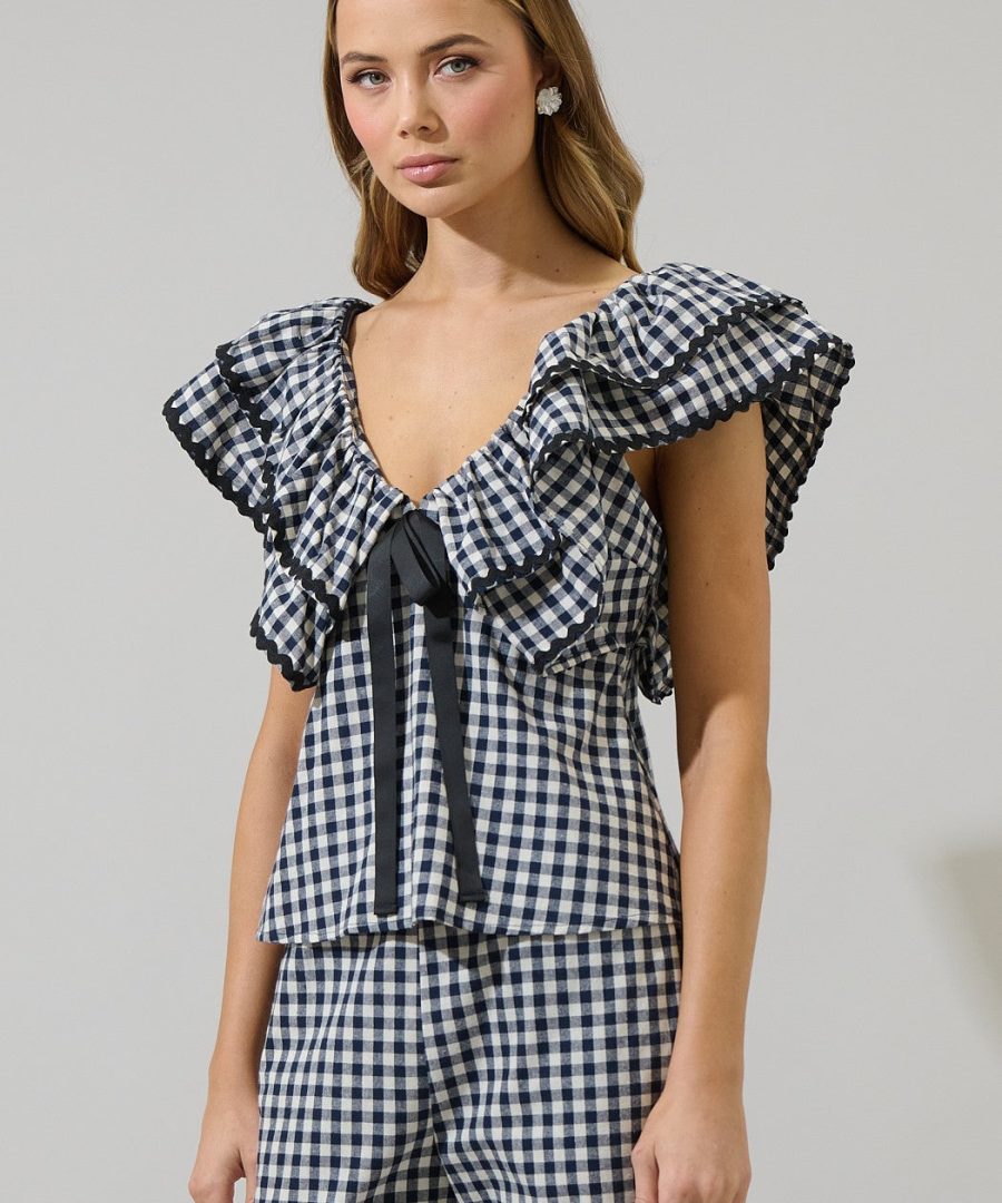 Ruffled V-neck Gingham Babydoll Top and Trousers Set