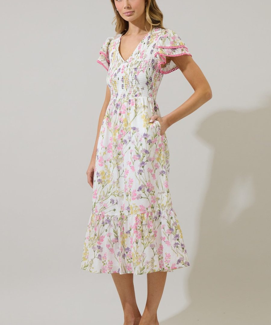 Pom-pom Trimmed Floral-print Tiered Midi Dress