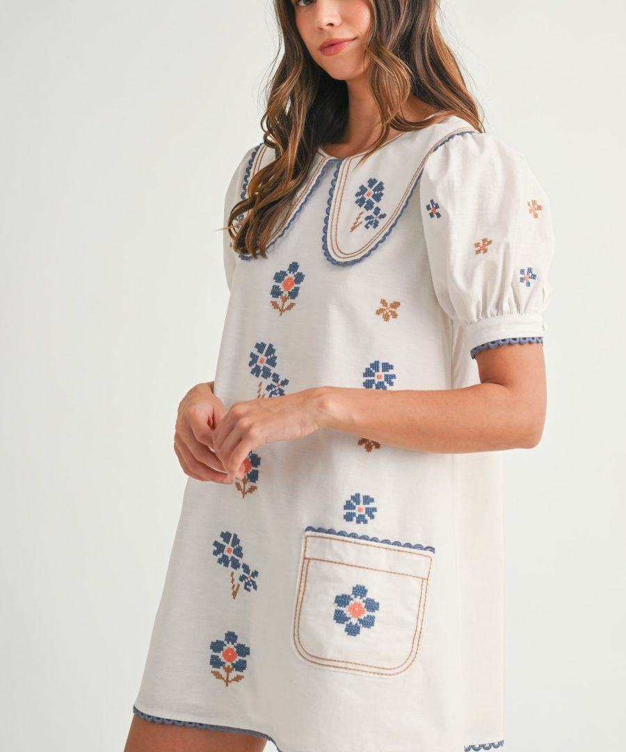 Peter Pan-collar Cross-stitch Floral Mini Dress