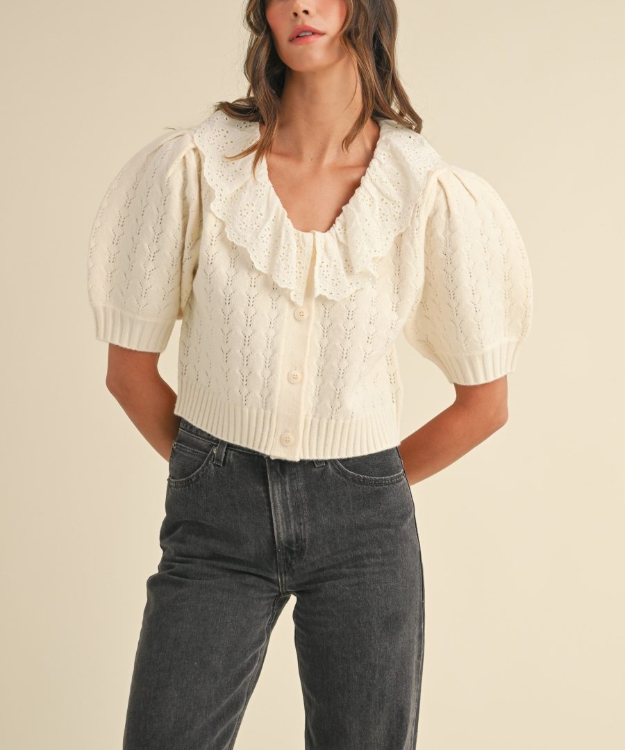 Openwork-knit Ruffled-lace Collar Cropped Cardigan