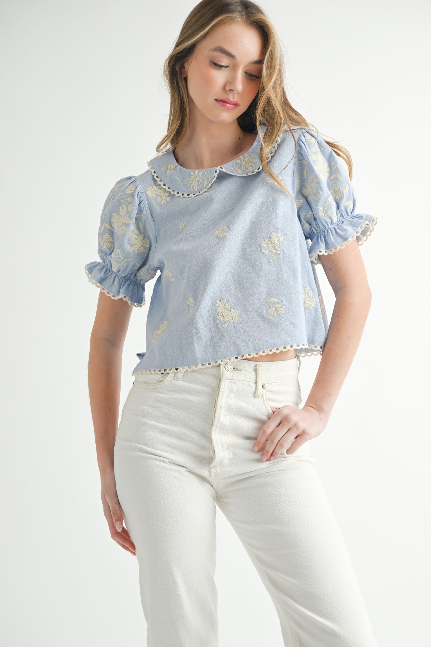 Scalloped-trim Floral-embroidered Cropped Blouse - Image 4