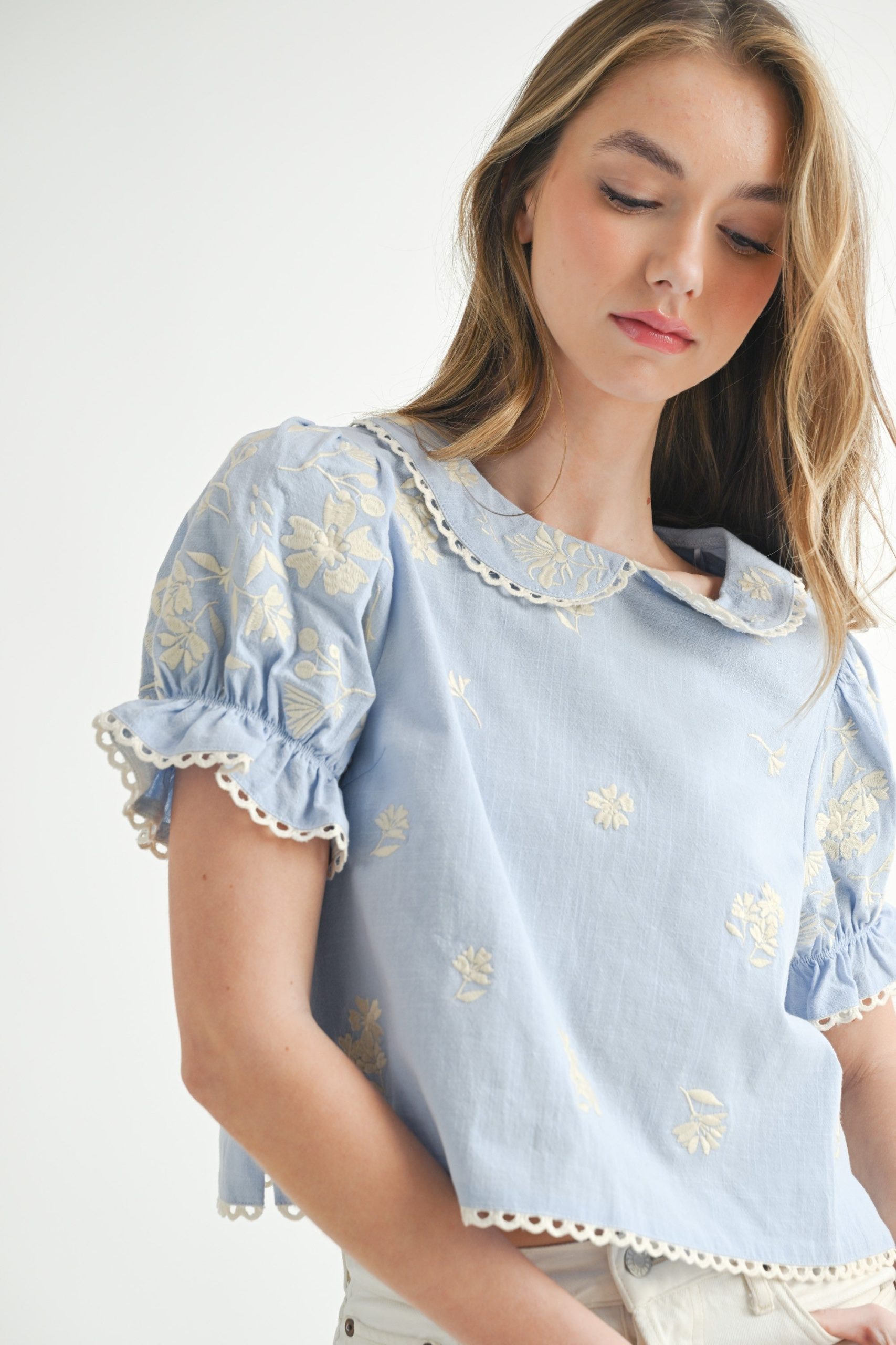 Scalloped-trim Floral-embroidered Cropped Blouse - Image 10