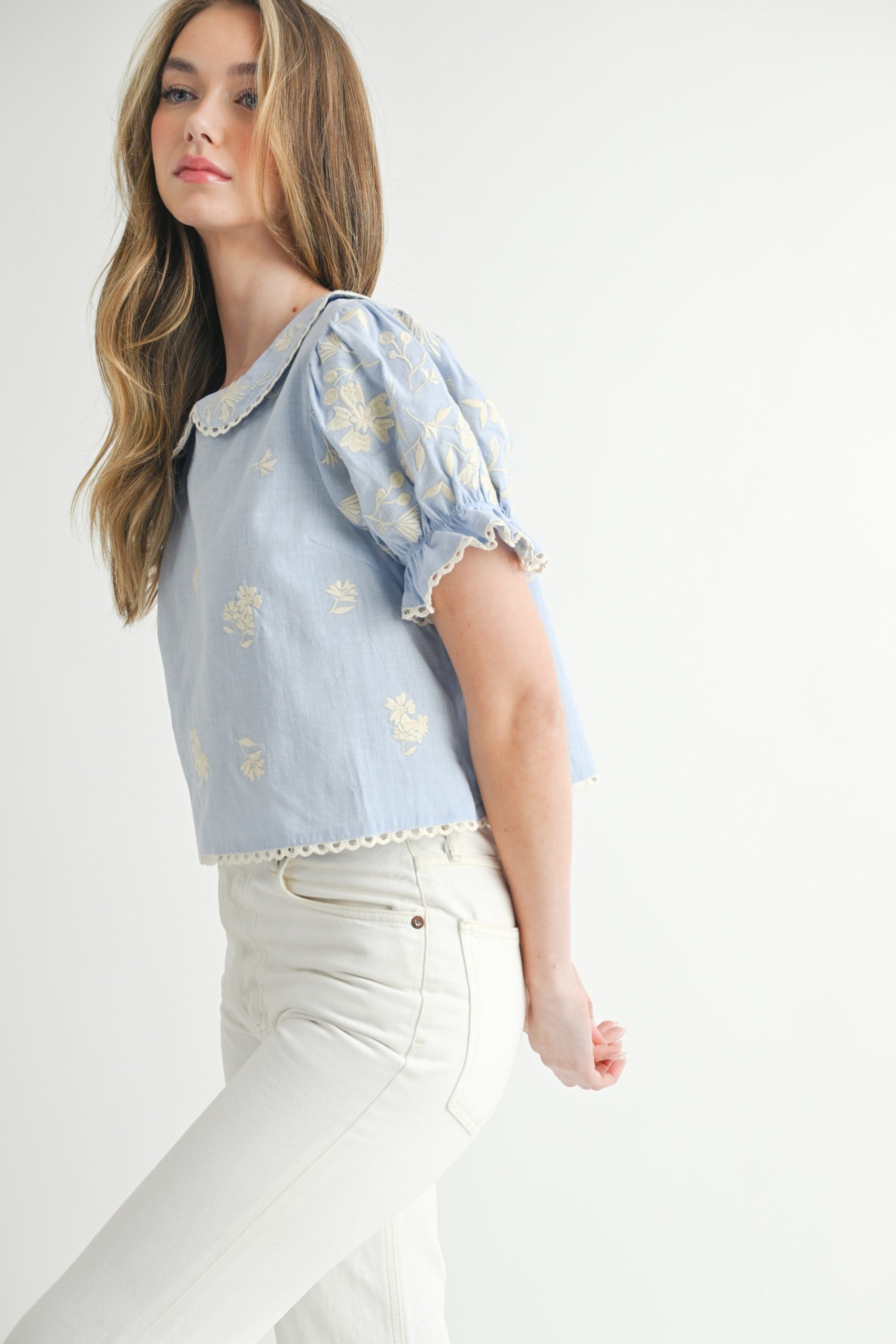 Scalloped-trim Floral-embroidered Cropped Blouse - Image 11