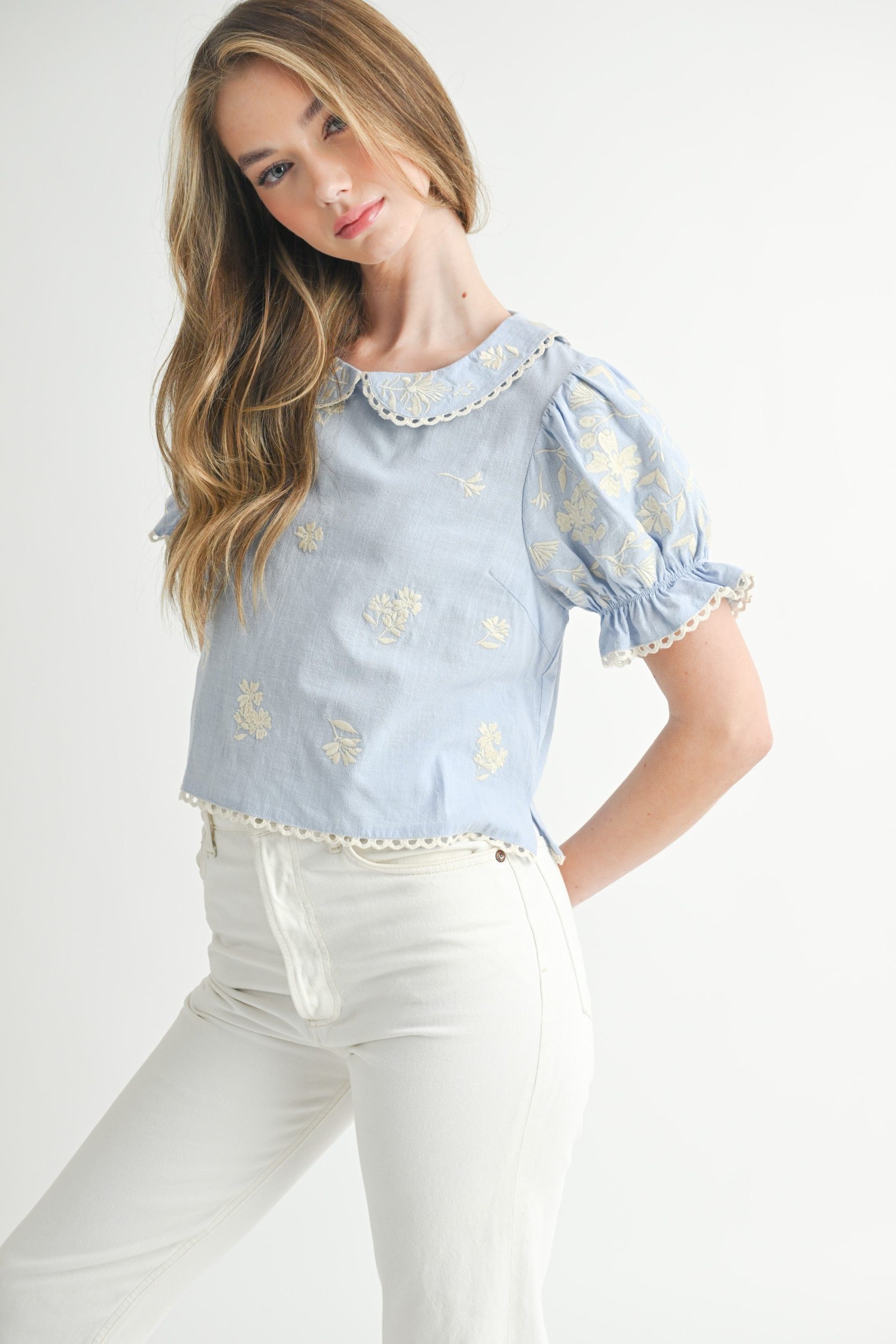 Scalloped-trim Floral-embroidered Cropped Blouse - Image 3