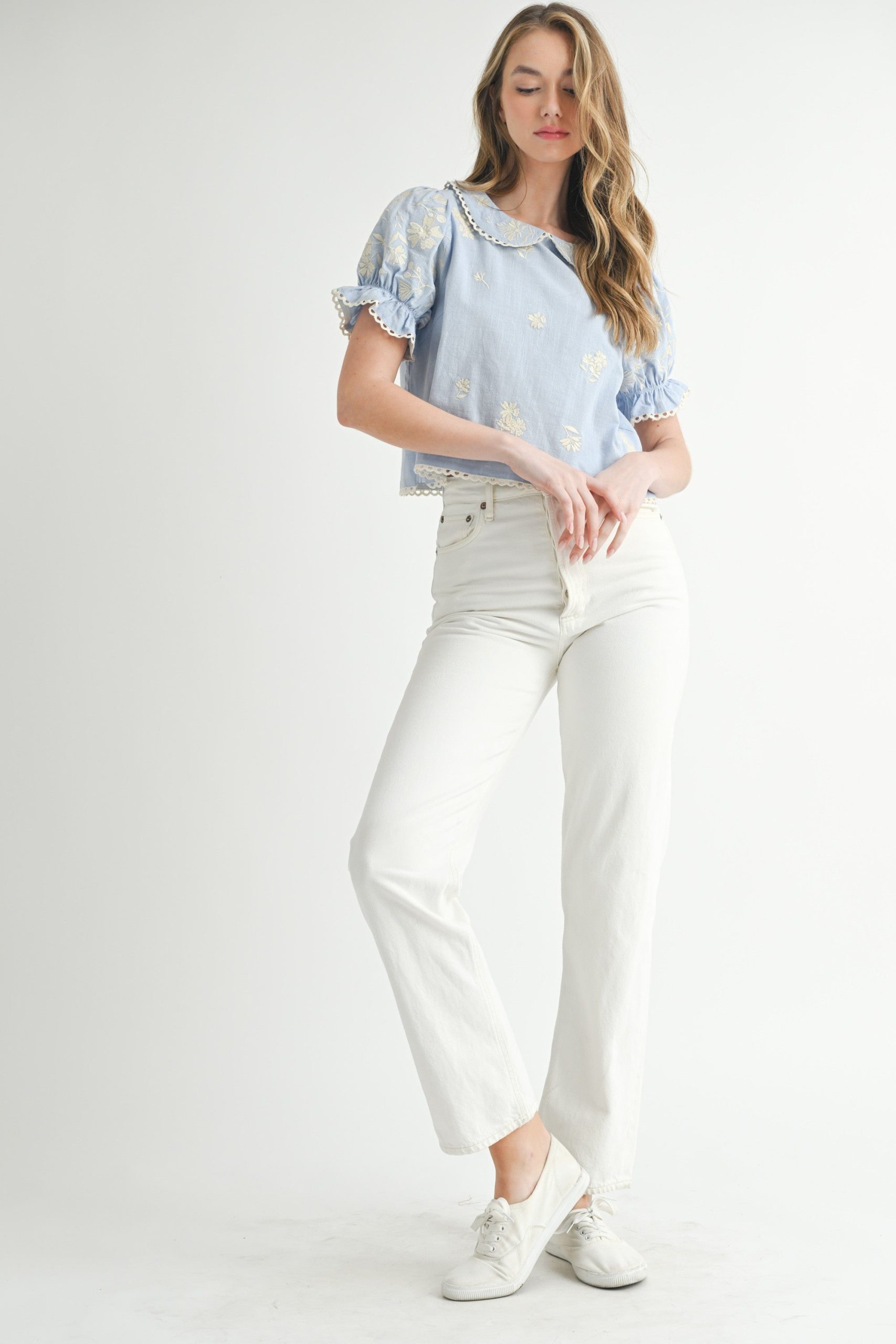 Scalloped-trim Floral-embroidered Cropped Blouse - Image 5