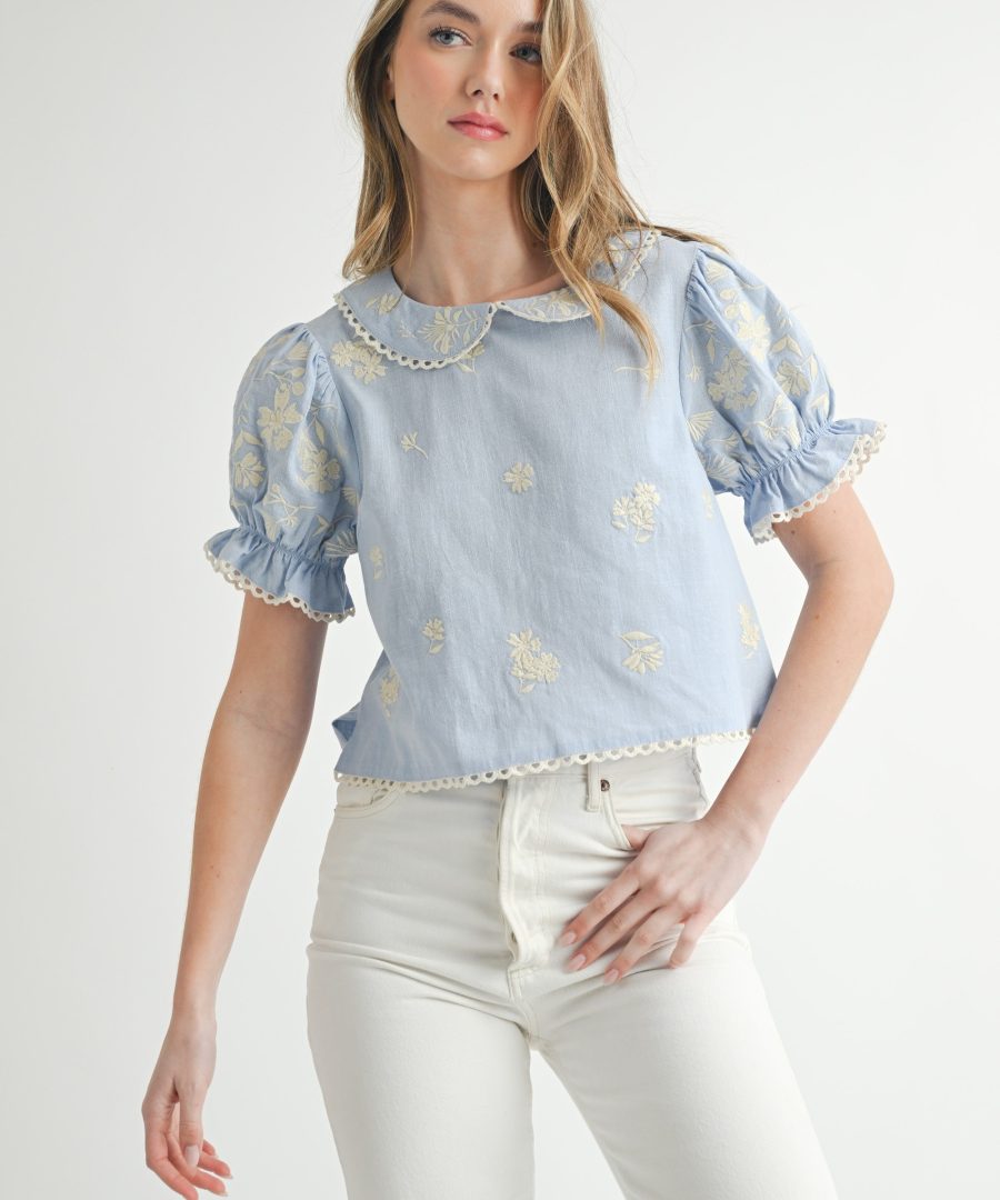 Scalloped-trim Floral-embroidered Cropped Blouse