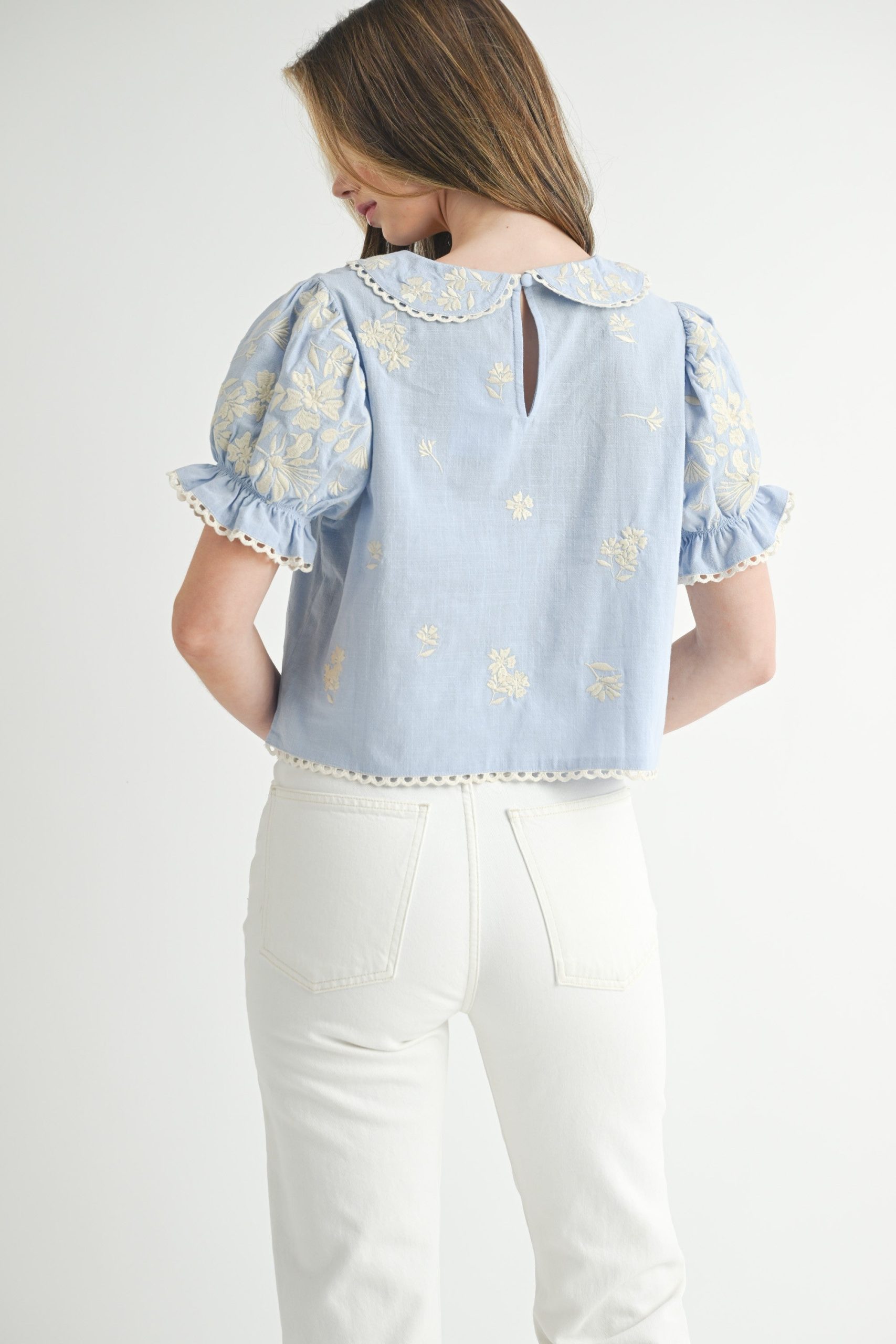 Scalloped-trim Floral-embroidered Cropped Blouse - Image 6