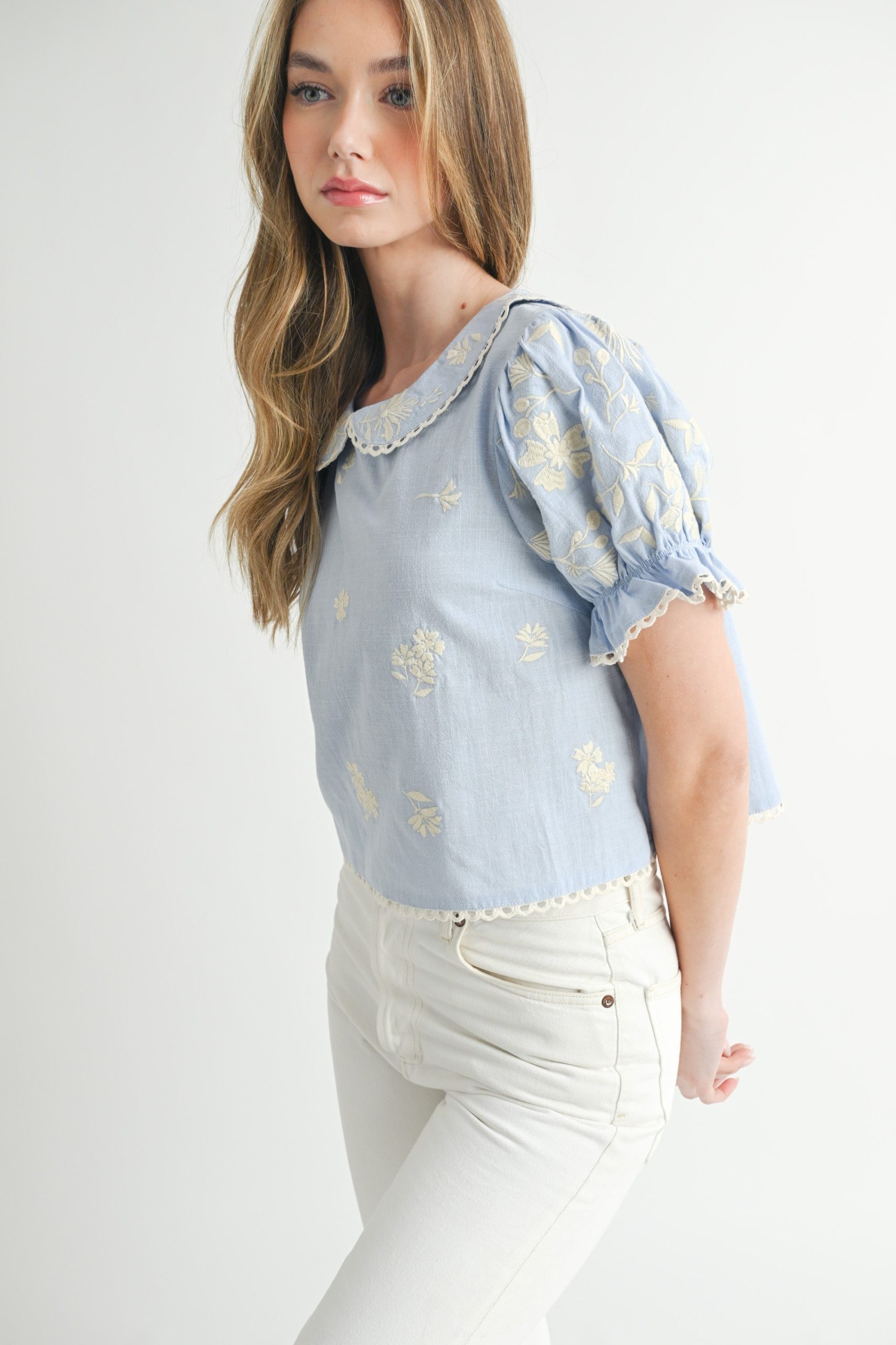 Scalloped-trim Floral-embroidered Cropped Blouse - Image 9
