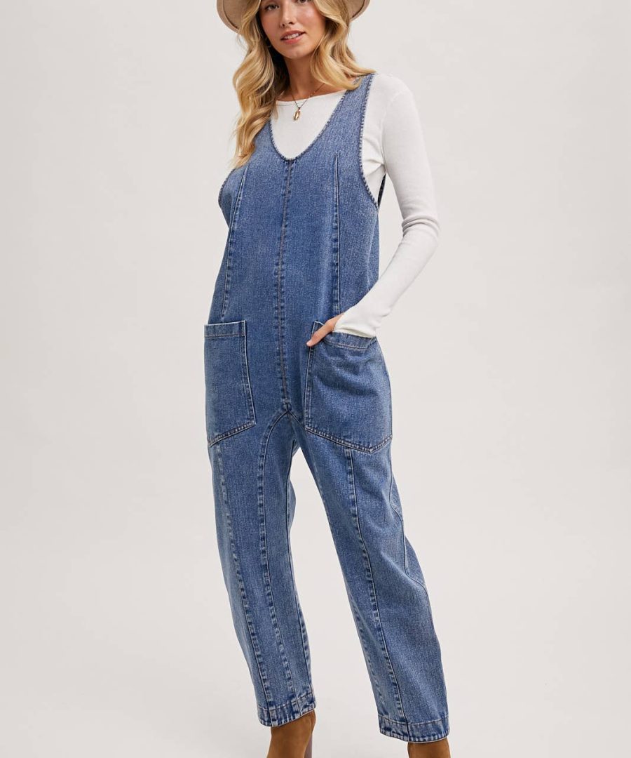 V-neck Adjustable Straps Denim Overalls