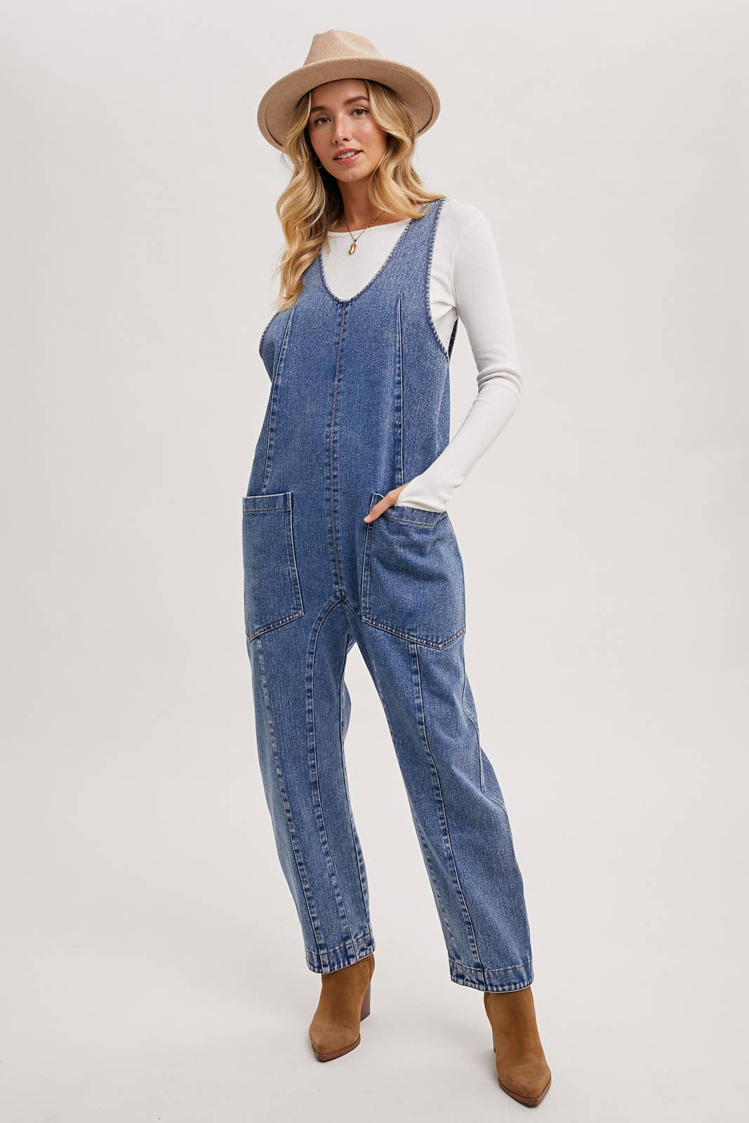 V-neck Adjustable Straps Denim Overalls