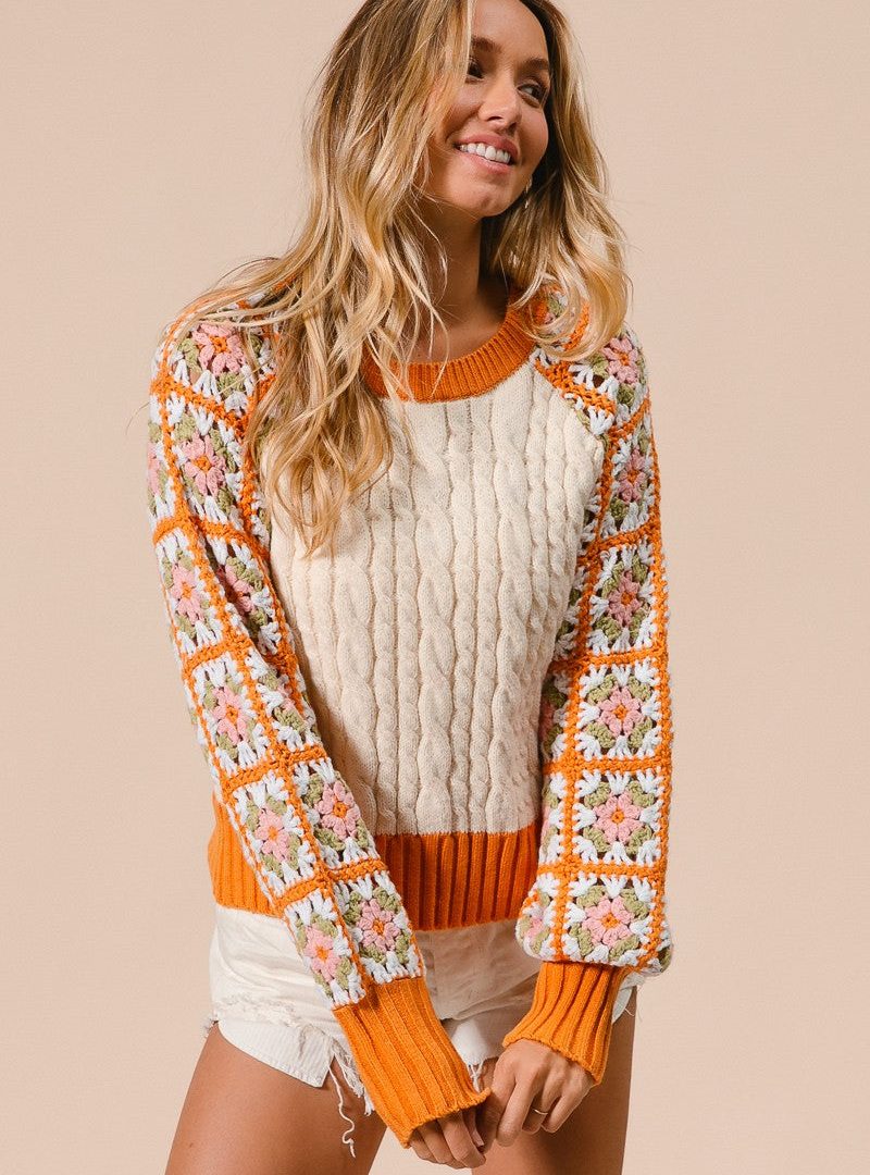 Bohemian Crocheted Floral Cable-knit Sweater