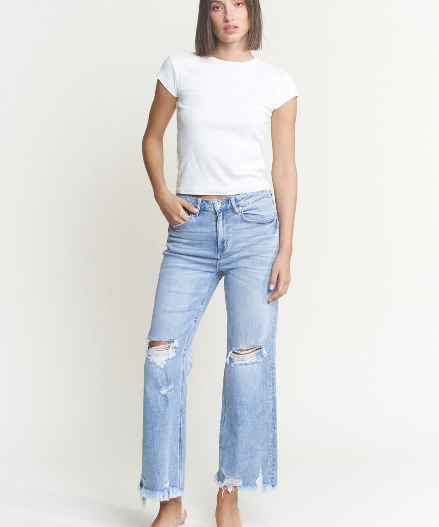 Frayed-hem High-rise Wide-leg Distressed Jeans
