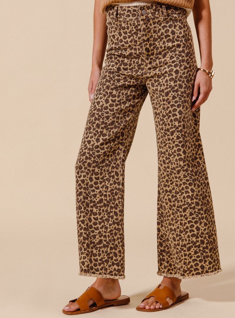 Frayed-hem High-waist Leopard-print Wide-leg Jeans