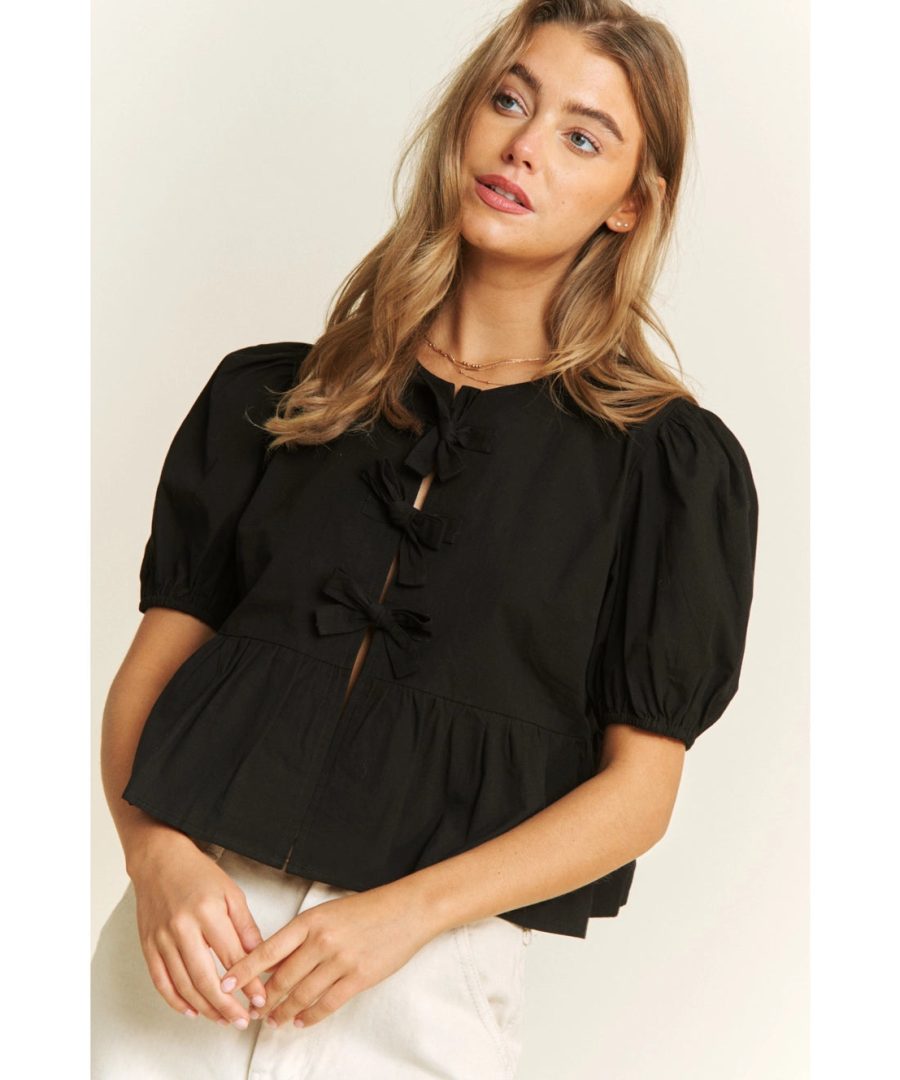 Bow - detailed Puffed Sleeve Cropped Blouse