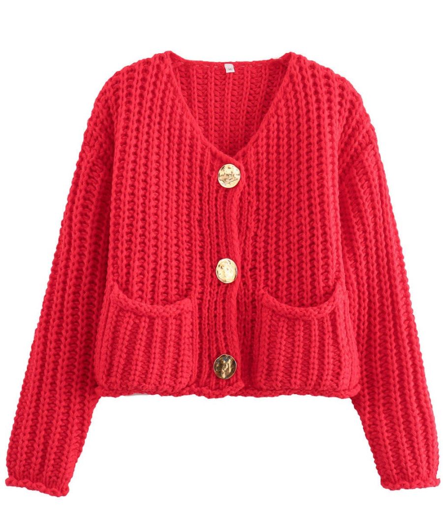 V-neck Cropped Chunky Knit Cardigan