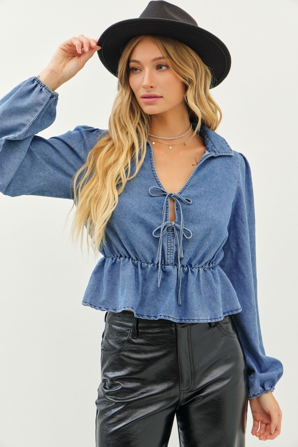 Puffed Sleeve Peplum Cropped Denim Blouse - Image 2