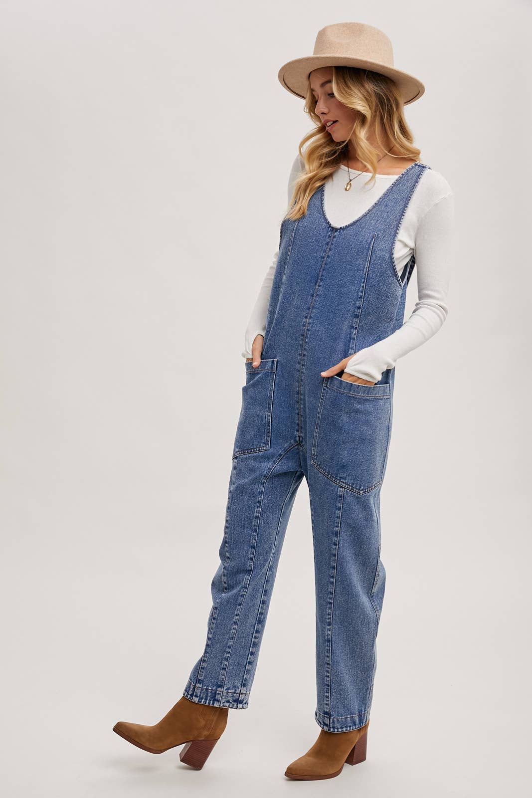 V-neck Adjustable Straps Denim Overalls - Image 6