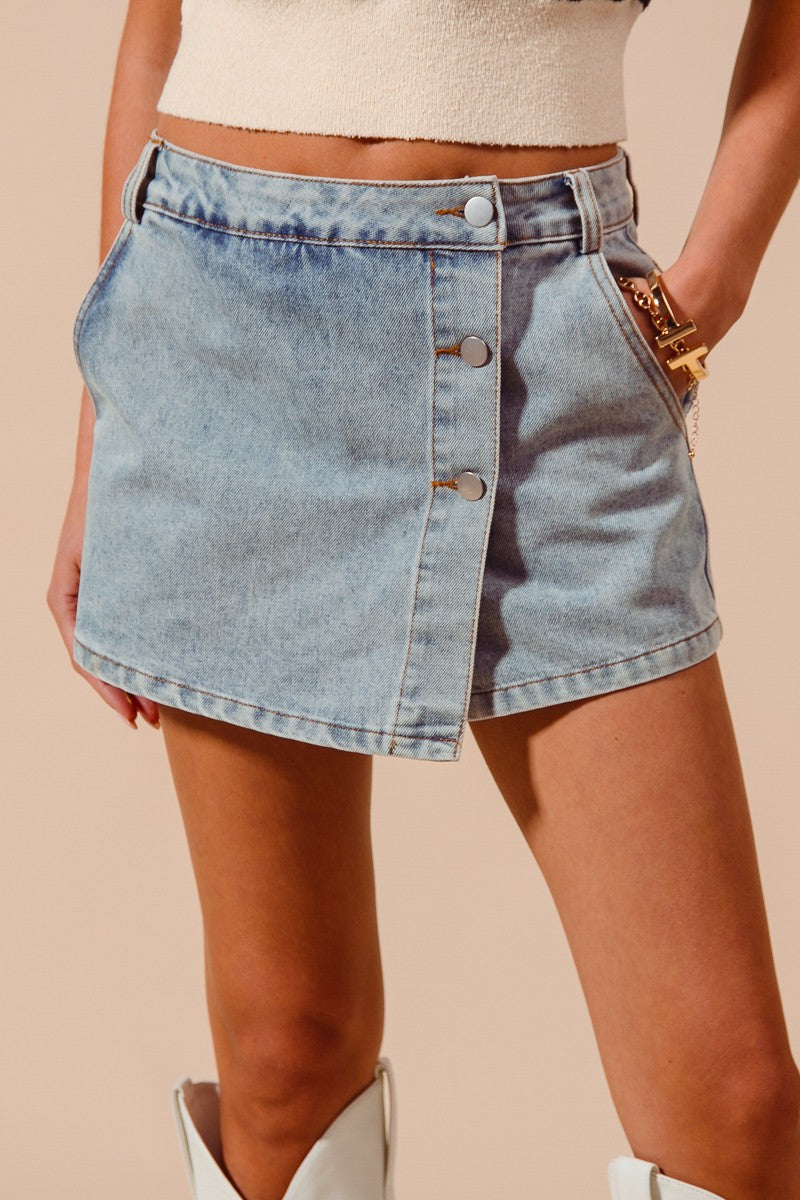 Asymmetric-wrap High-waist Denim Skort - Image 3