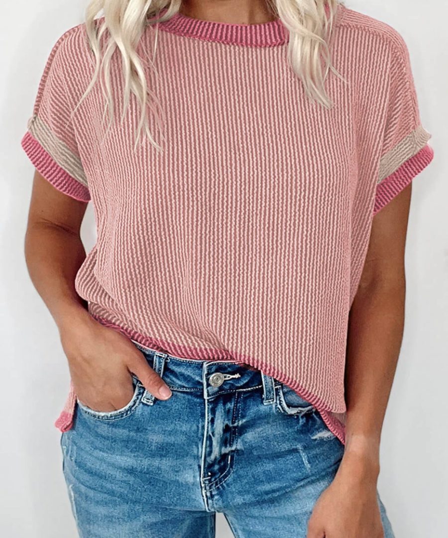Striped-pattern Round-neck Knit Top