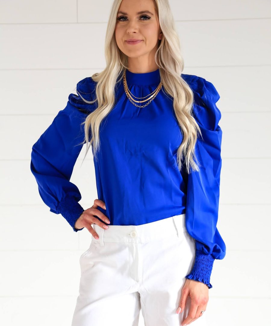 High-neck Puffed Sleeve Ruffle Top