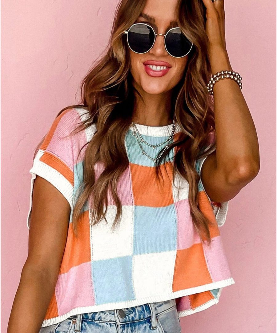 Checkered Pattern Cropped Crew-neck Knit Top