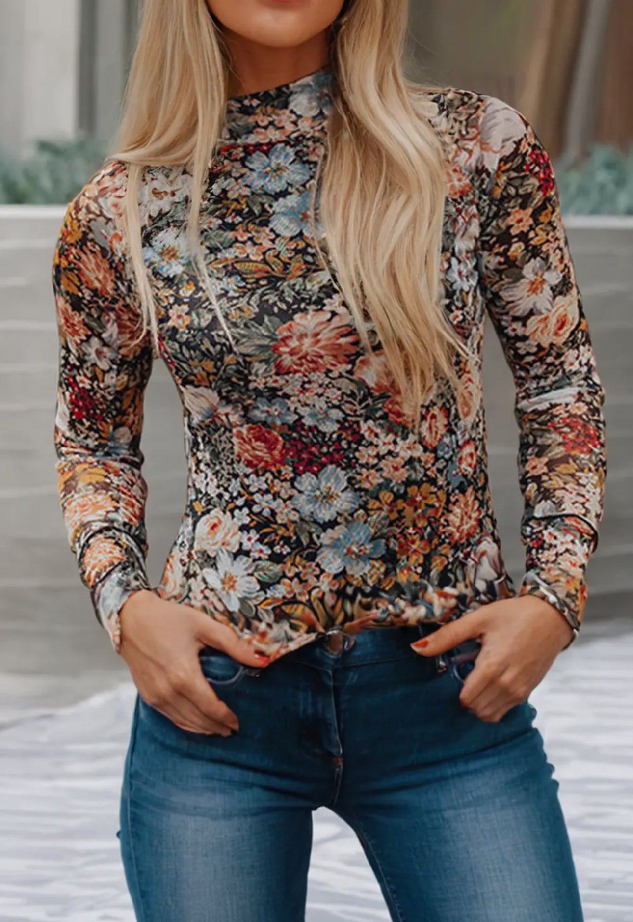 Vintage Floral High-neck Sheer Blouse - Image 2