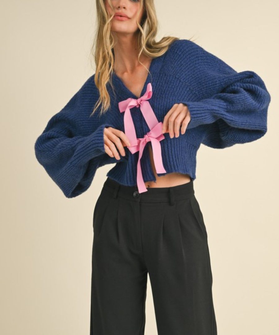 Bow-detailed V-neck Cropped Knit Cardigan