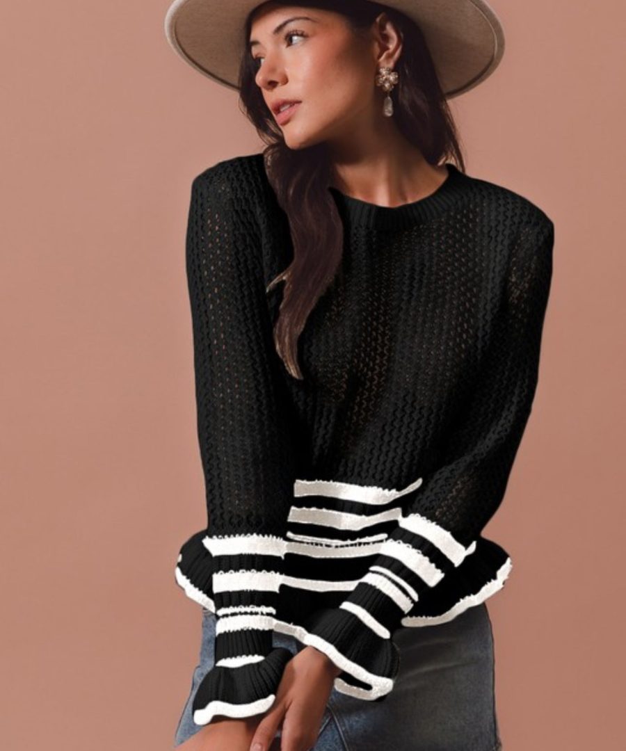 Ruffled-cuff Open-knit Crew-neck Cropped Sweater