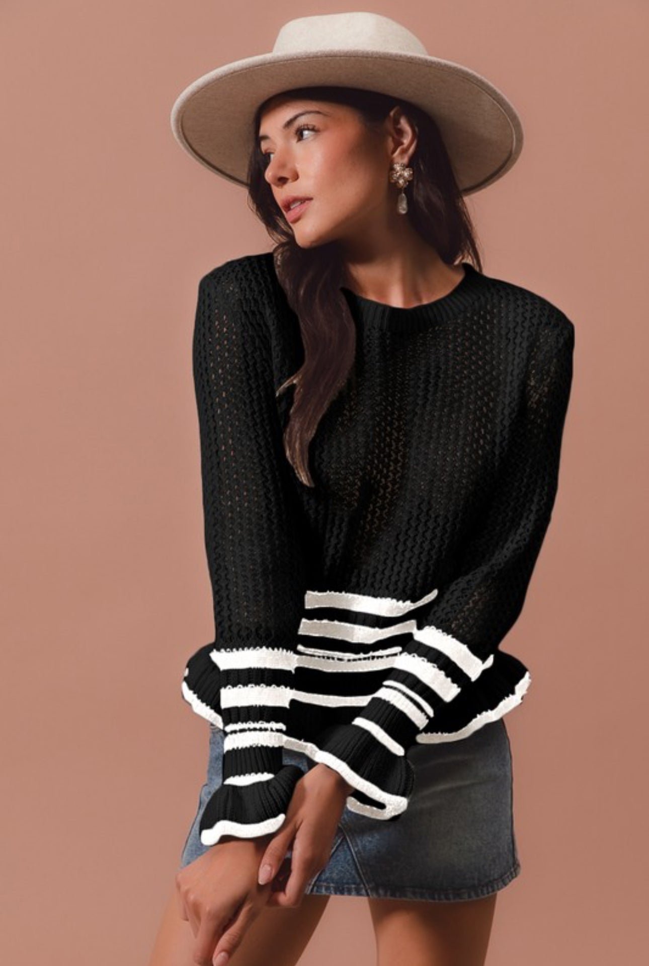 Ruffled-cuff Open-knit Crew-neck Cropped Sweater