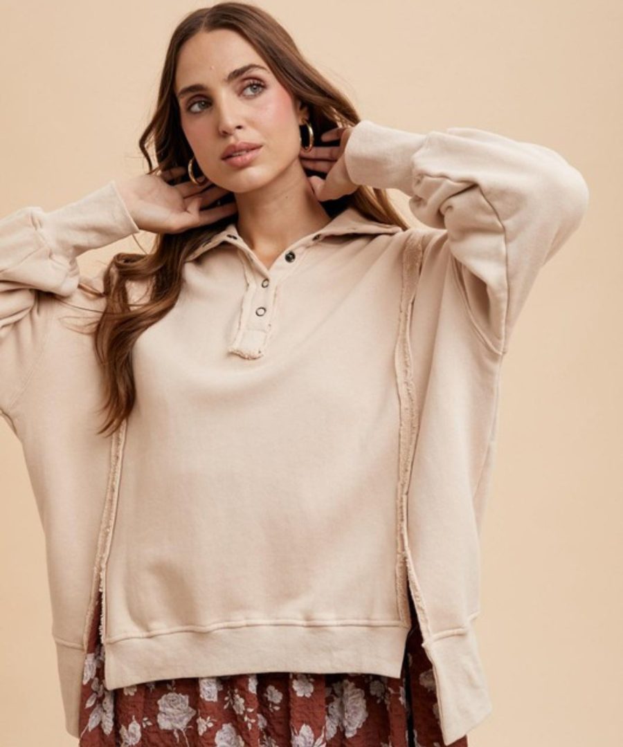 Distressed-seam Polo Collar Oversized Sweatshirt