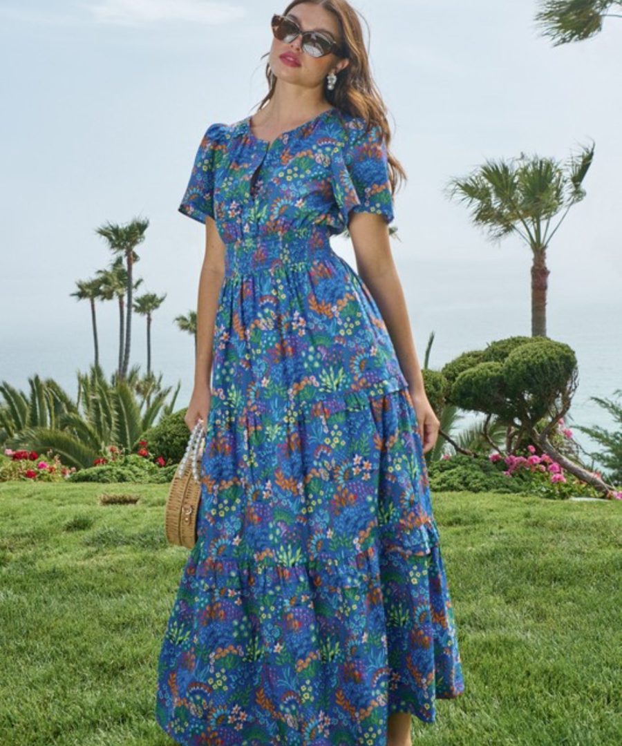 Smocked V - neck Puffed Sleeve Floral Maxi Dress