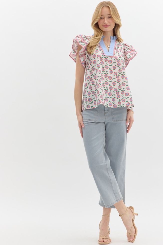 Ruffled-sleeve Floral Blouse