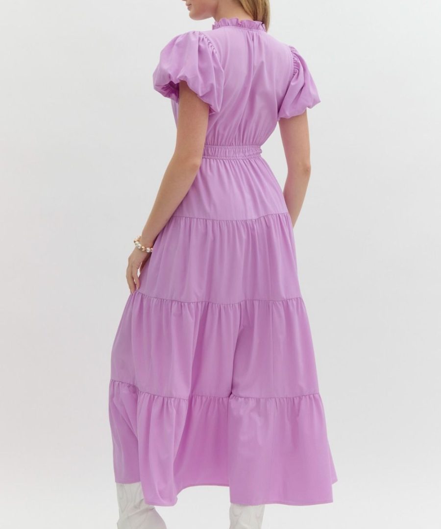 Ruffled V-keyhole Puffed-sleeve Tiered Maxi Dress