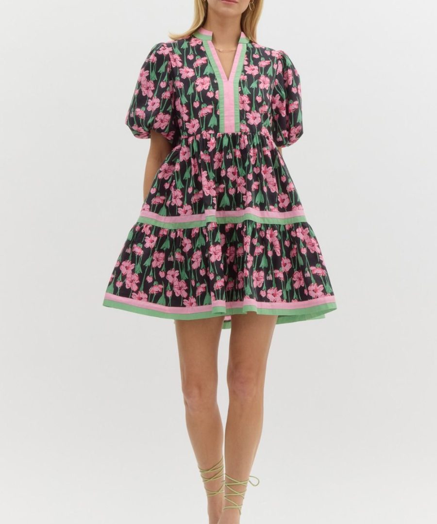 V-neck Puffed-sleeve Floral A-line Mini Dress