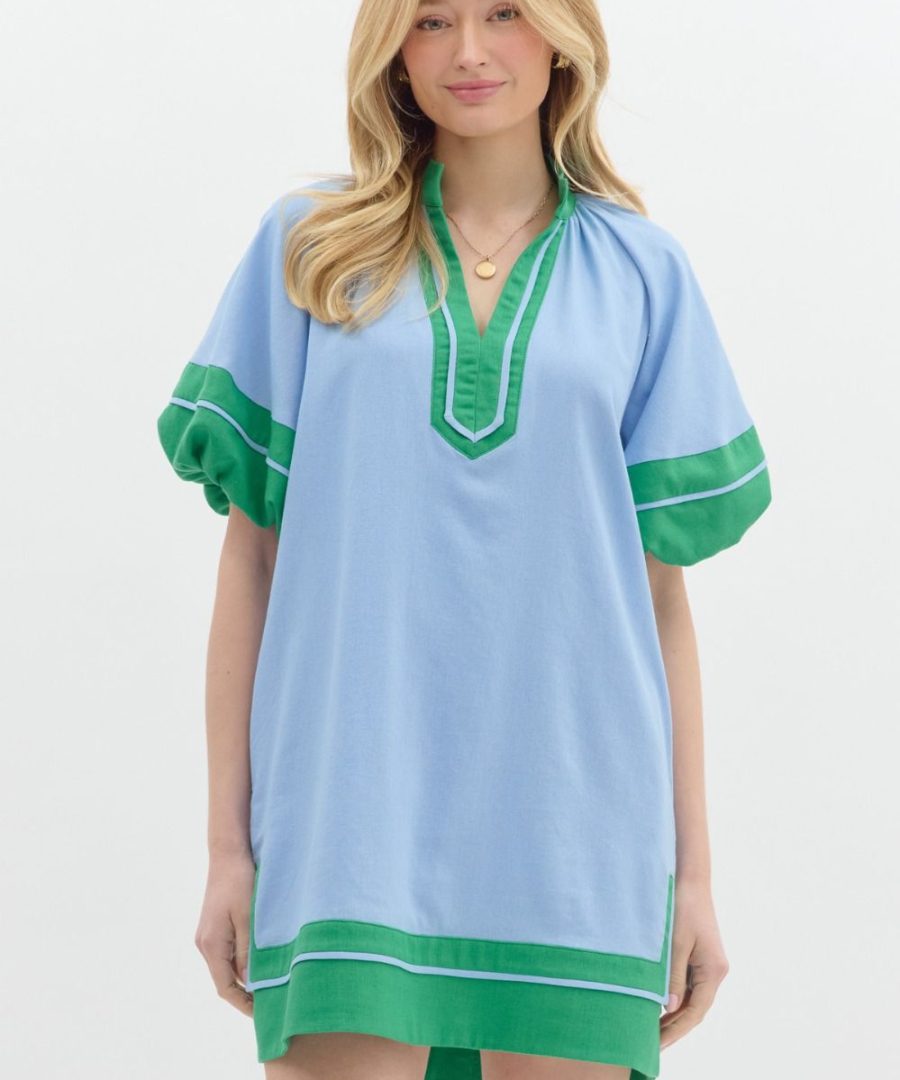 Puffed-sleeve V-neck Mini Dress