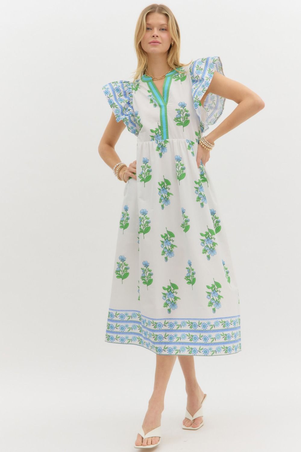 Flutter-sleeve Floral Print A-line Midi Dress