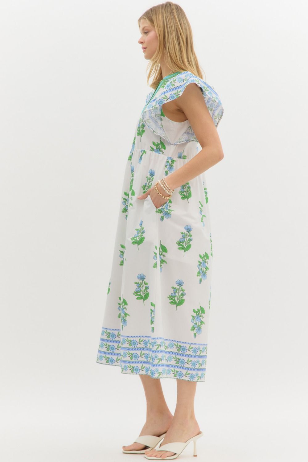 Flutter-sleeve Floral Print A-line Midi Dress - Image 5