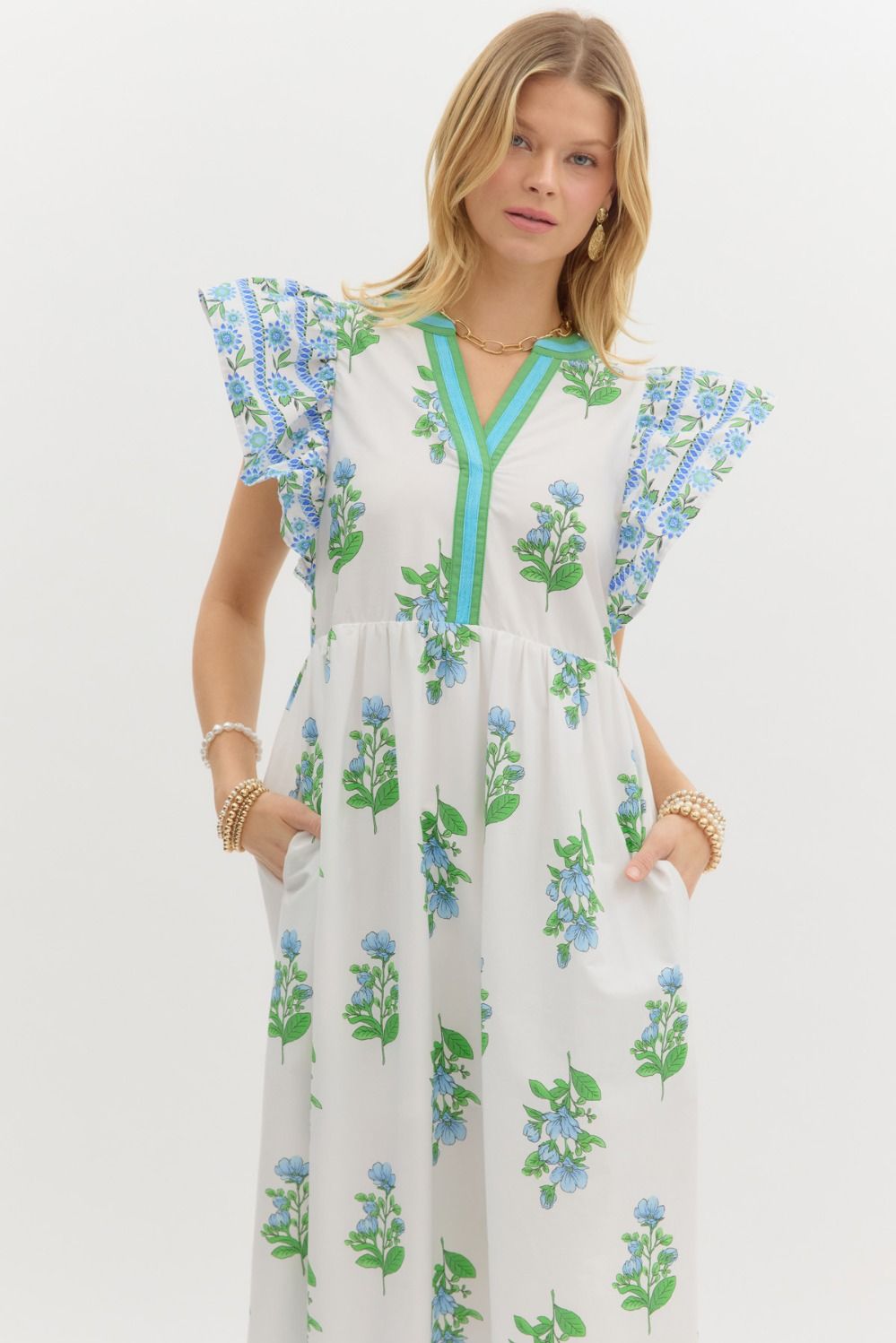 Flutter-sleeve Floral Print A-line Midi Dress - Image 4
