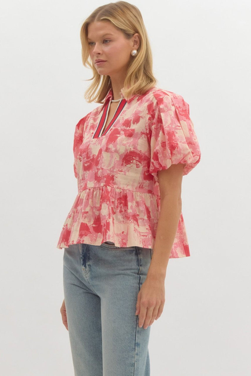 V-cut striped Vintage Abstract-print Peplum Top - Image 3