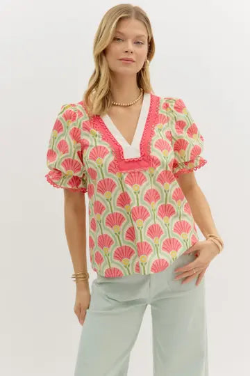 Scalloped-trim Puffed-sleeve Floral Art Deco Top