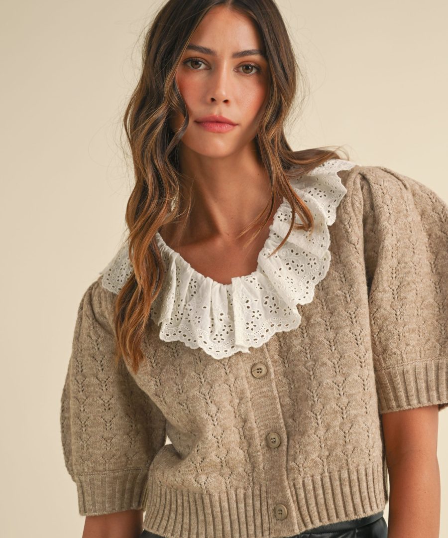 Lace-collar Cropped Knit Cardigan