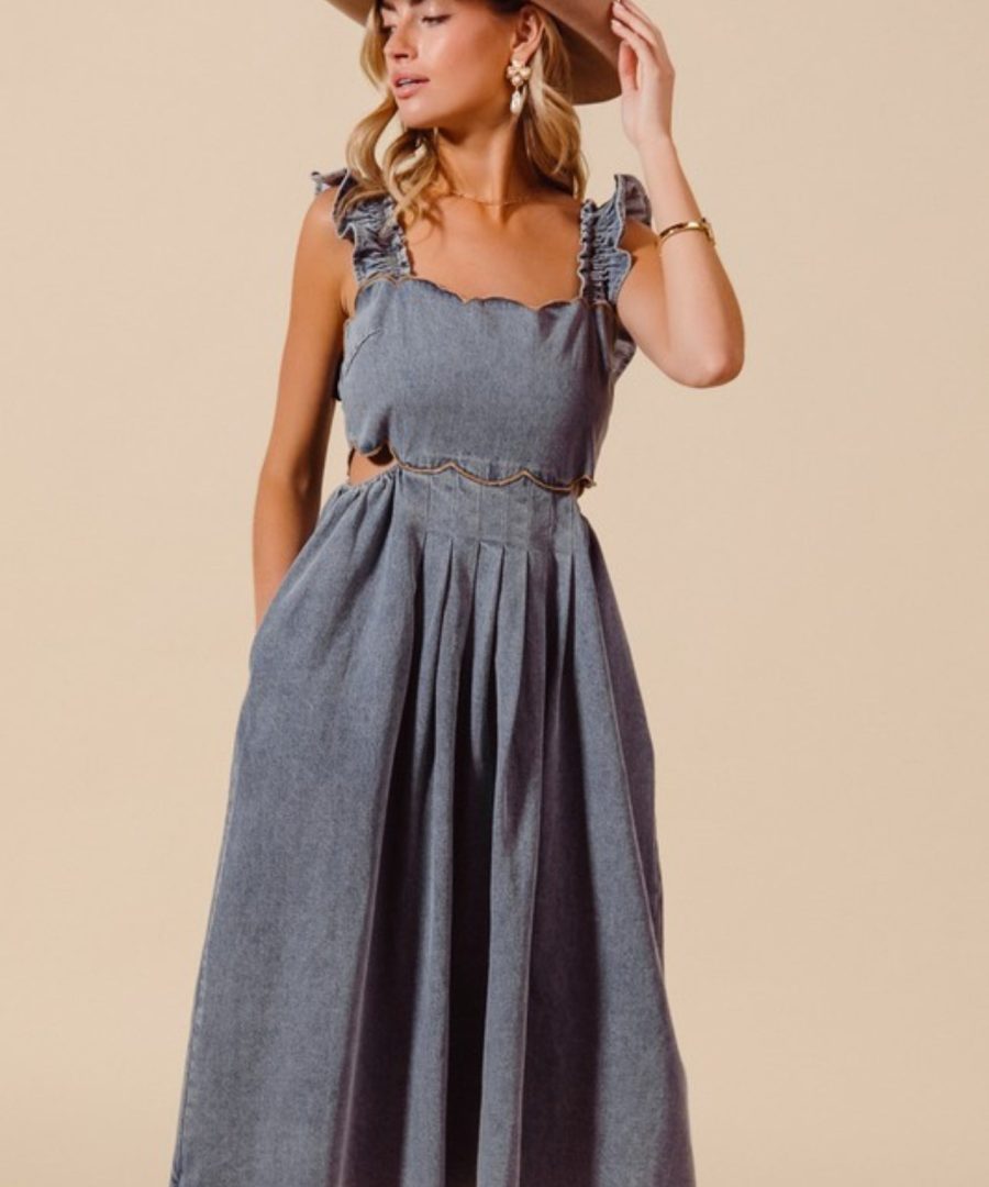 Scalloped Trim Ruffled-strap Denim Midi Dress