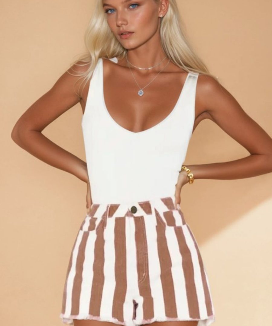 V-neck Sleeveless Top with Frayed-hem Striped High-waist Shorts
