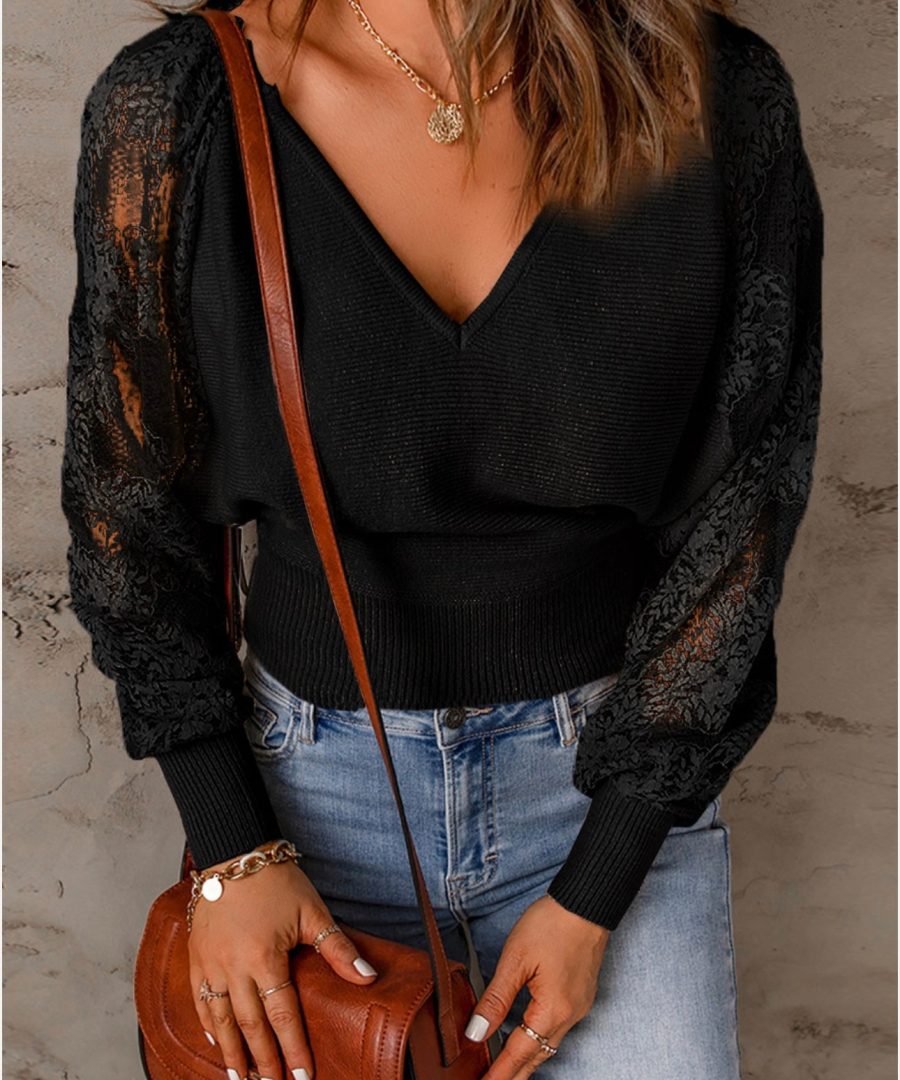 Cropped V-neck Lace Sleeve Knit Sweater