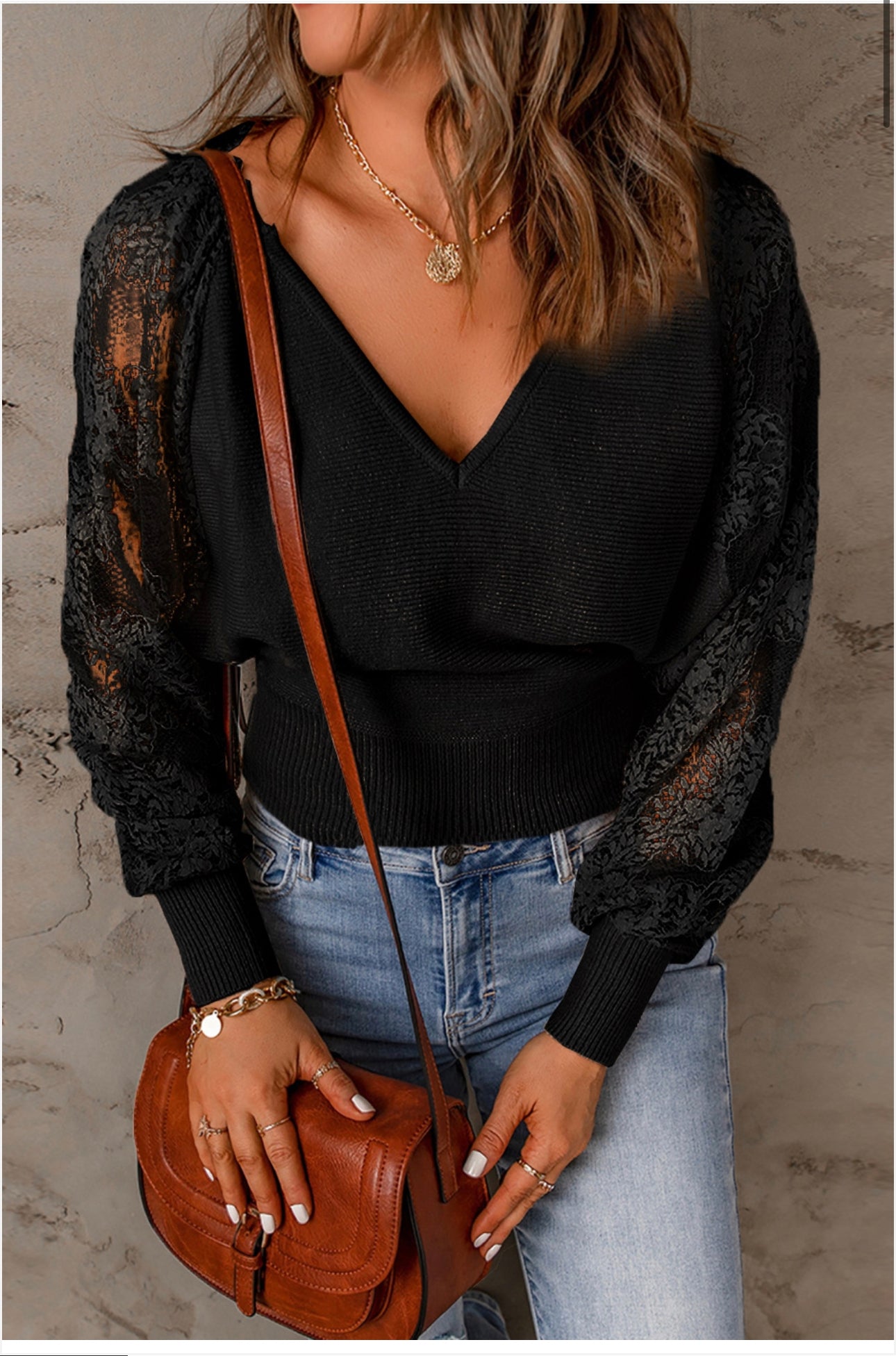 Cropped V-neck Lace Sleeve Knit Sweater