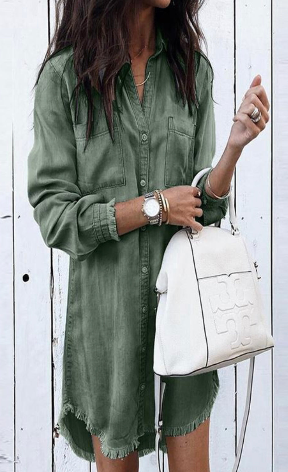 Frayed-hem Casual Shirt Dress