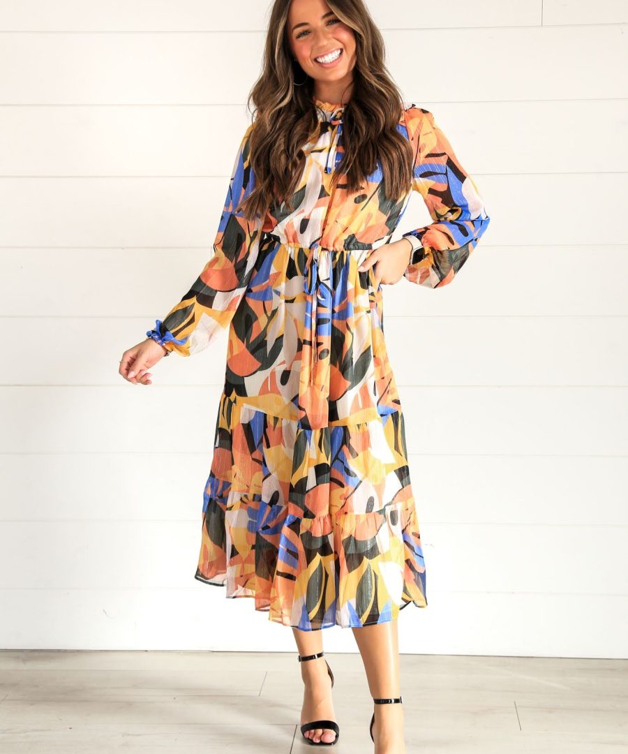Abstract Print Tiered Midi Dress