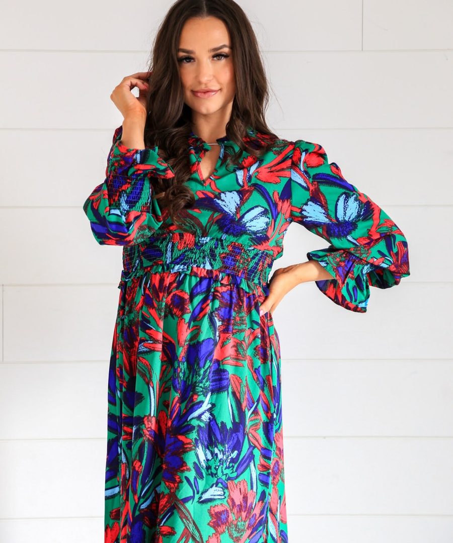 Abstract Floral Print V - neck Tiered Maxi Dress